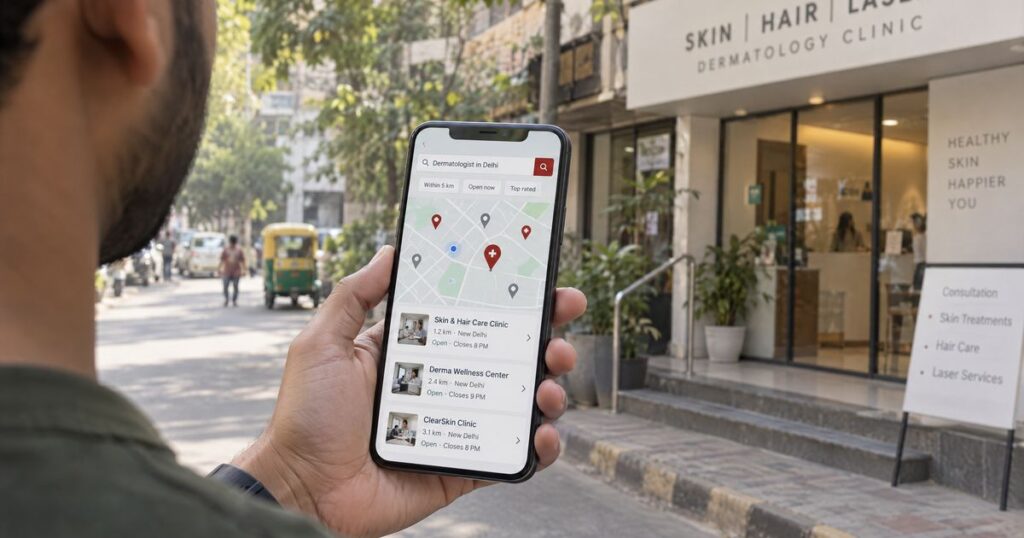 Patient using a smartphone to find nearby doctors and clinics through local search