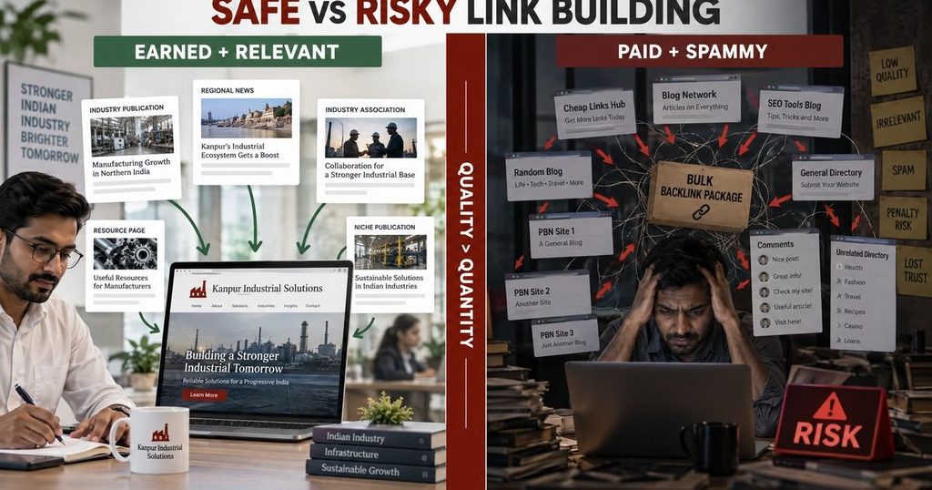 Safe versus risky link building showing earned backlinks and paid link risks